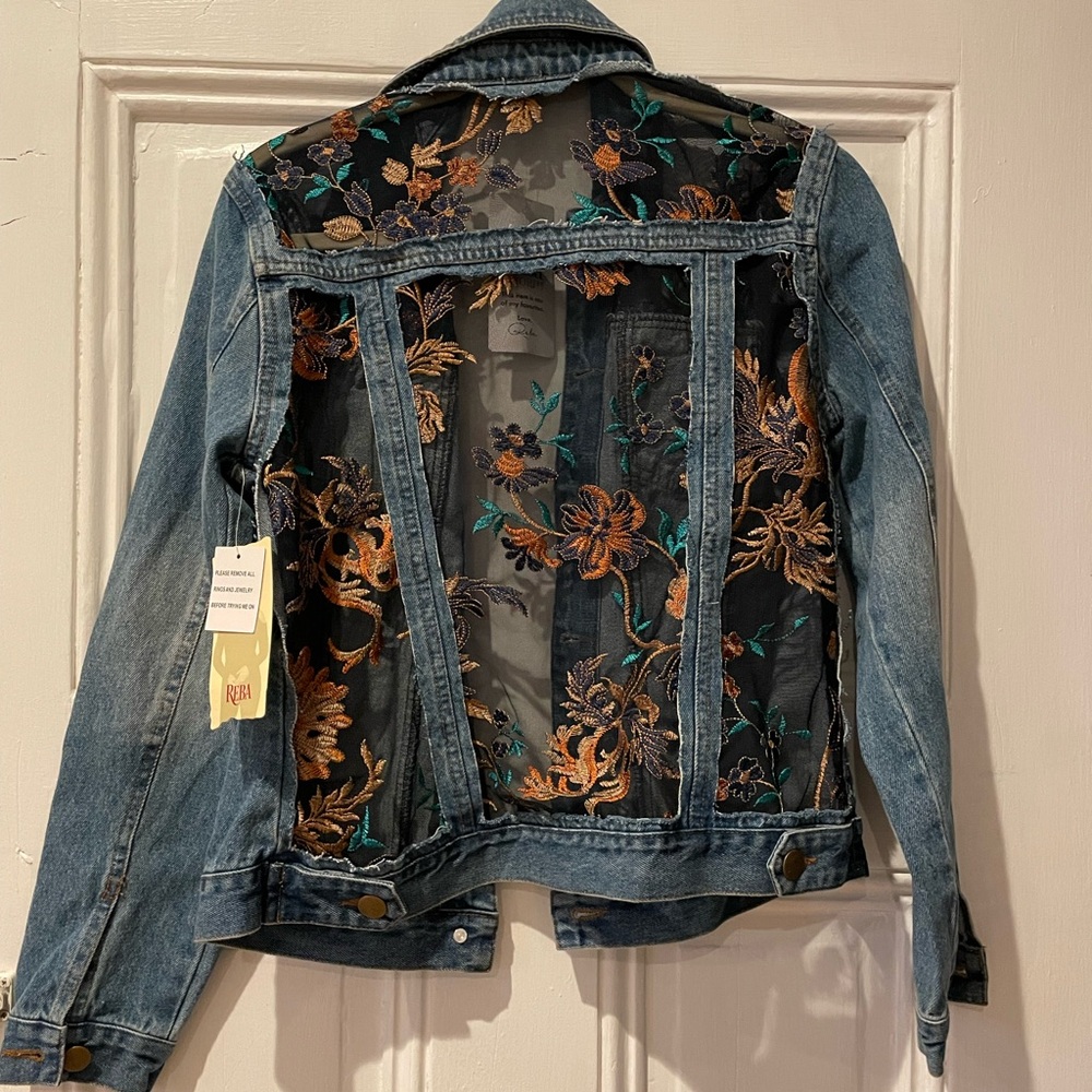 Sheer Floral Embroidered Denim Jacket